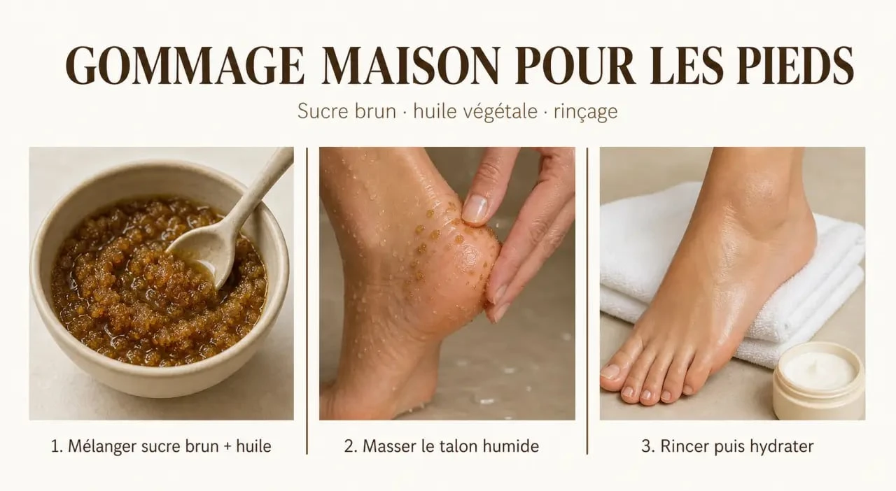 Gommage pour les pieds maison en trois étapes : mélange, application sur le talon et résultat hydraté
