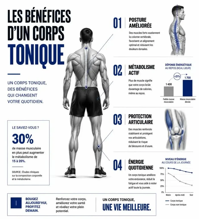 Infographie sur les bénéfices santé d'un corps tonique pour la posture et le métabolisme