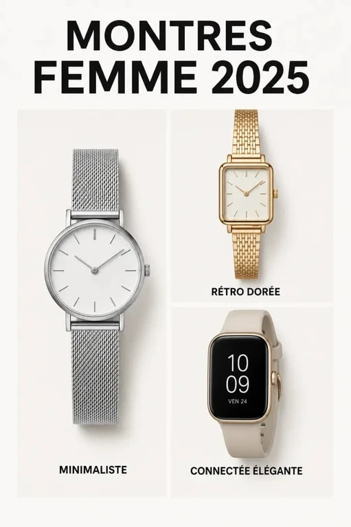 Montre femme tendance 2025 présentée en moodboard éditorial avec styles minimaliste, rétro et connectée