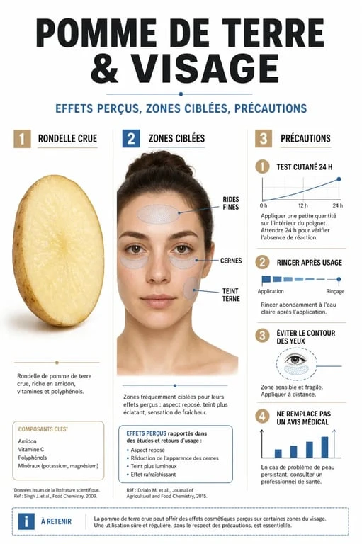 Pomme de terre visage rides : infographie éditoriale sur les zones d’application, les bénéfices perçus et les précautions