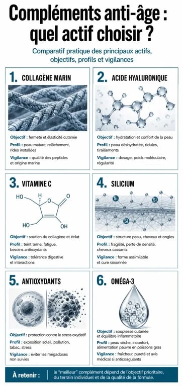 Infographie sur le meilleur complément alimentaire anti-âge et les actifs à comparer