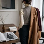 Tenue d’hiver femme chic : manteau long camel, pull col roulé et pantalon noir