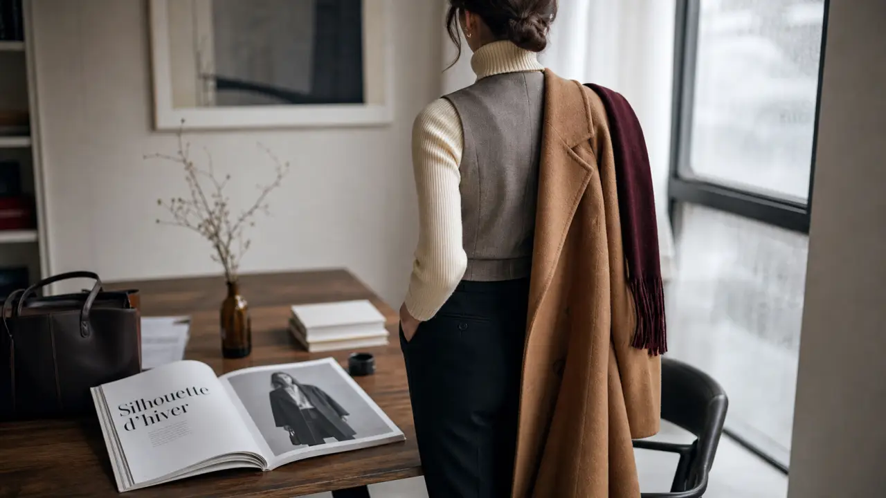 Tenue d’hiver femme chic : manteau long camel, pull col roulé et pantalon noir