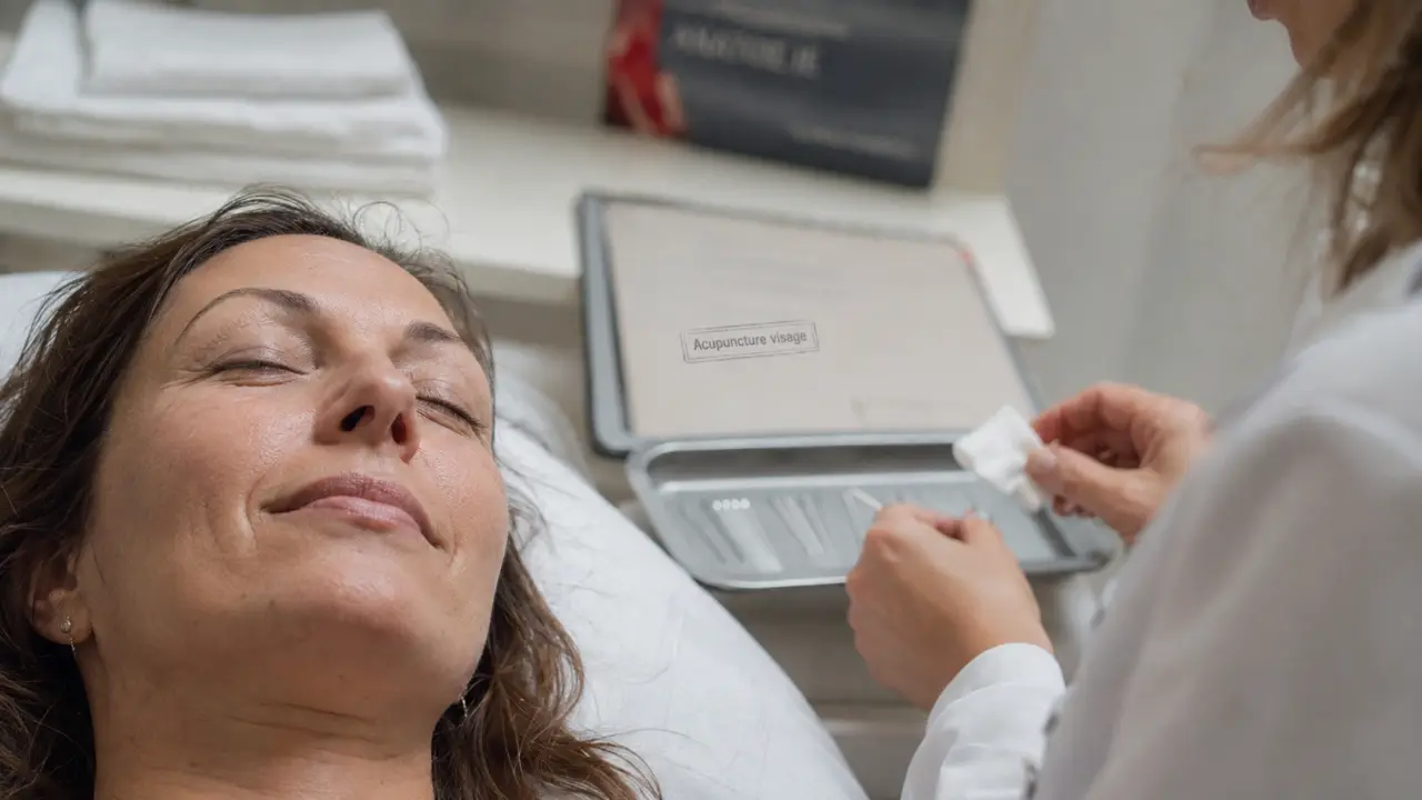 Acupuncture pour les rides du visage : femme allongée en cabinet, praticienne prépare des aiguilles