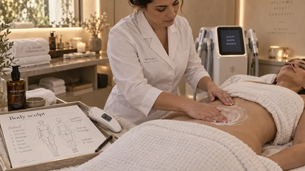 Body sculpt en cabine spa : esthéticienne applique une crème sur l’abdomen