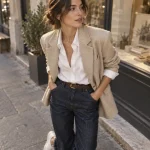 Casual chic fashion : jean, blazer beige et sneakers minimalistes