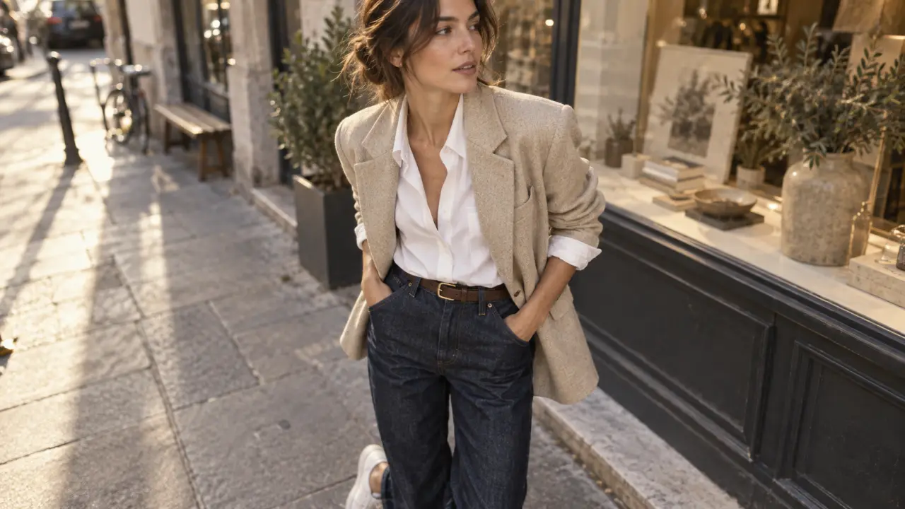 Casual chic fashion : jean, blazer beige et sneakers minimalistes