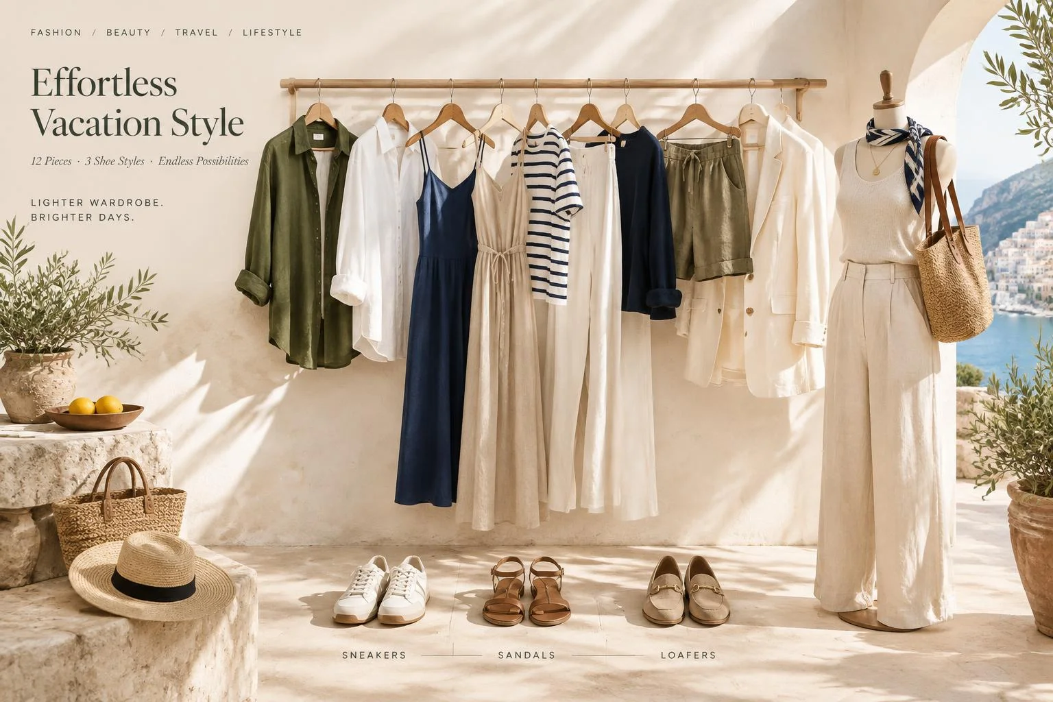 Chic décontracté en vacances : 12 pièces, 3 chaussures