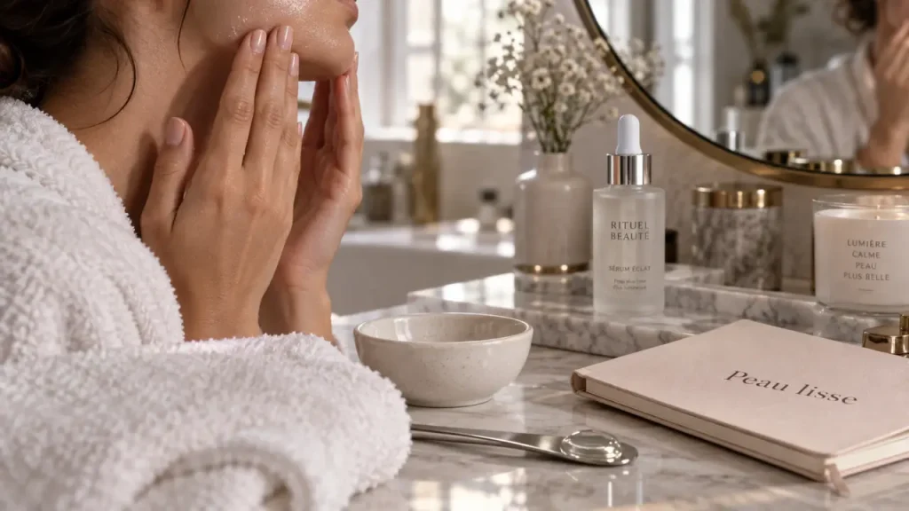 Comment avoir une peau lisse : massage visage doux, sérum et spatule