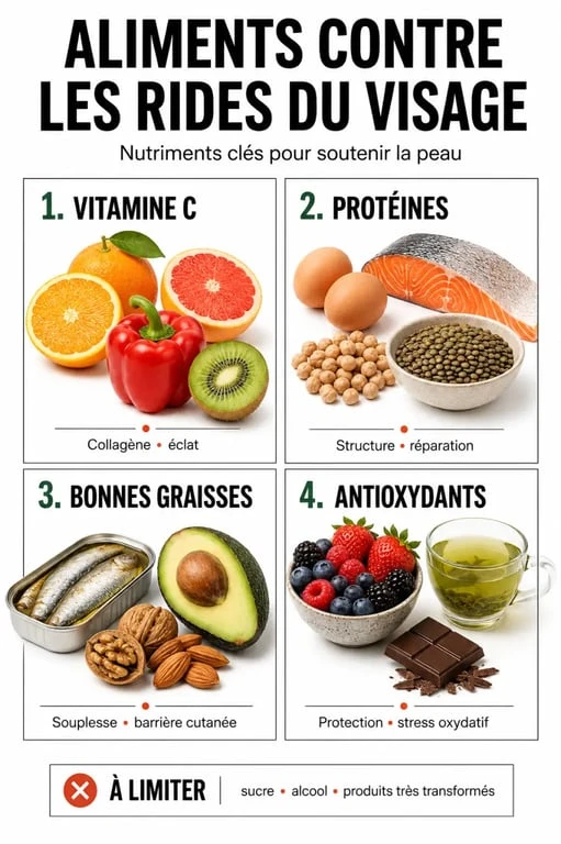 Aliments contre les rides du visage : schéma des nutriments clés et des aliments à privilégier