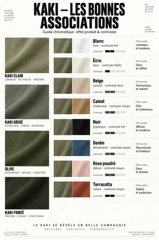 Quelle couleur va bien avec le kaki vêtement : palette d'associations avec le blanc, le beige, le noir, le denim et le terracotta
