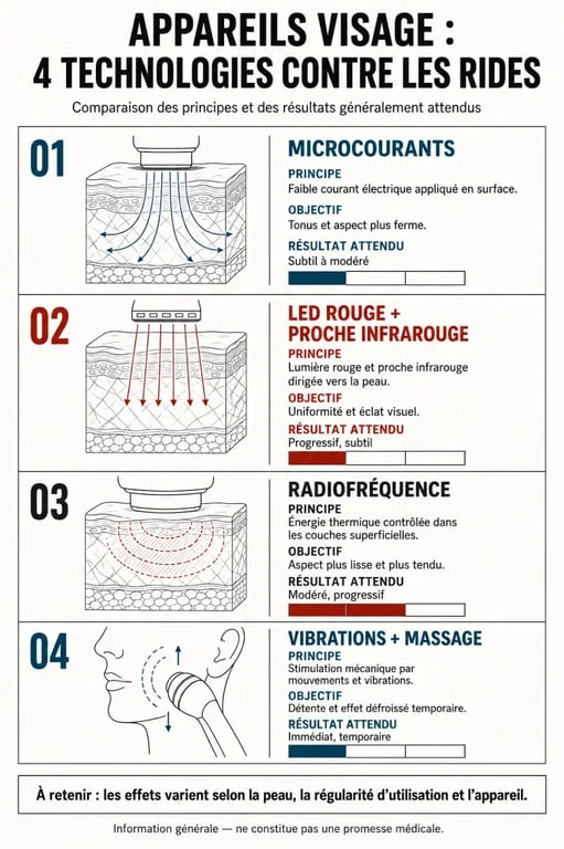Infographie comparant les technologies d’un appareil pour le visage contre les rides