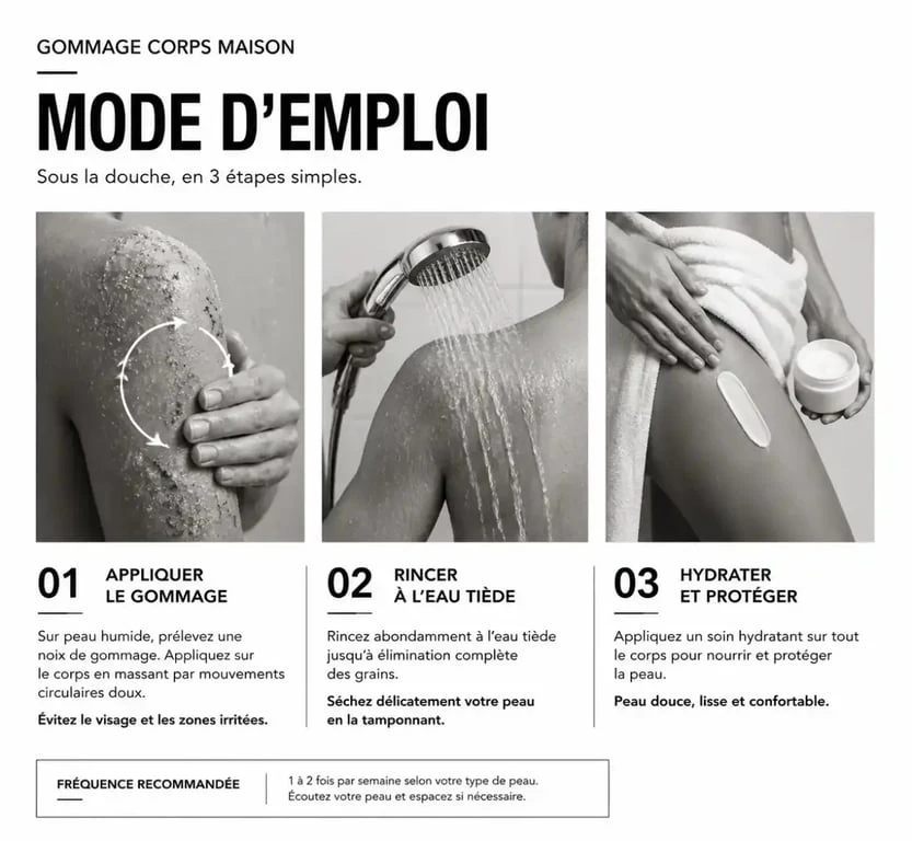 Gommage corps maison en application sous la douche avec gestes doux