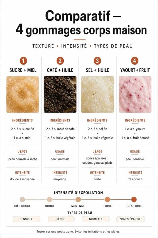 Gommage corps maison en comparaison des recettes selon le type de peau