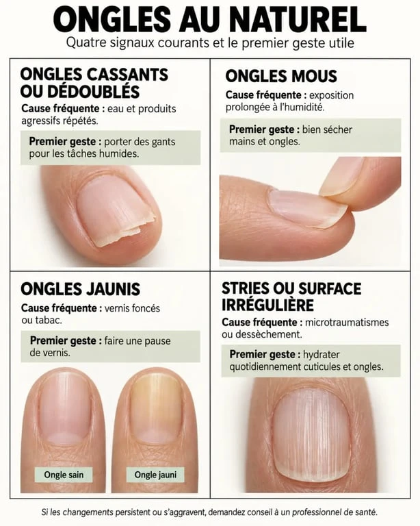 Infographie des gestes pour entretenir les ongles au naturel selon leur aspect
