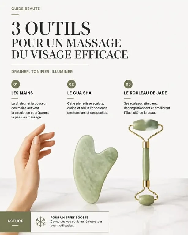 Outils pour massage pour visage anti-rides : mains, gua sha et rouleau