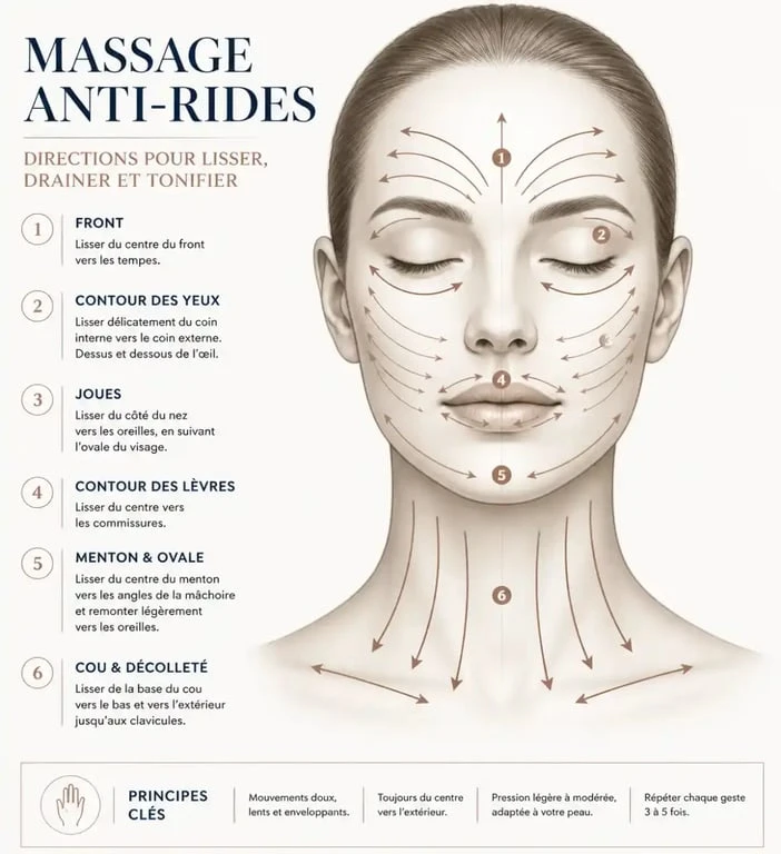 Schéma des directions de massage pour visage anti-rides