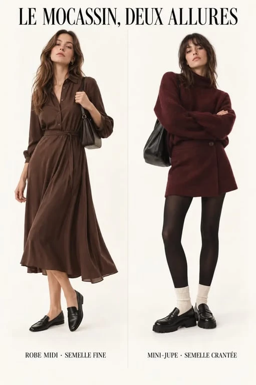 Tendance look mocassin femme avec robe midi, jupe courte et chaussettes