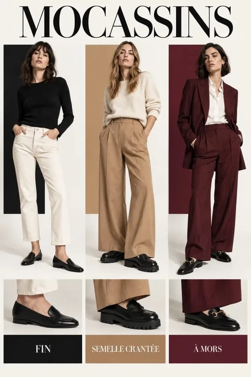 Tendance look mocassin femme avec jean, pantalon wide-leg et tailleur