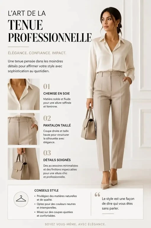 Tenue chic femme pour le bureau avec pantalon à pinces et chemisier