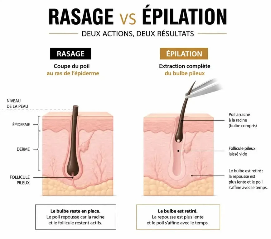 Schéma comparatif entre rasage et épilation pour comprendre la mécanique du poil
