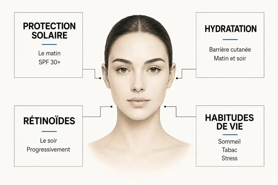 Visage sans rides : routine anti-âge avec protection solaire, hydratation et bons gestes