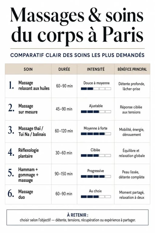 Infographie massage soin du corps paris : types de soins, durée, intensité et budget à Paris