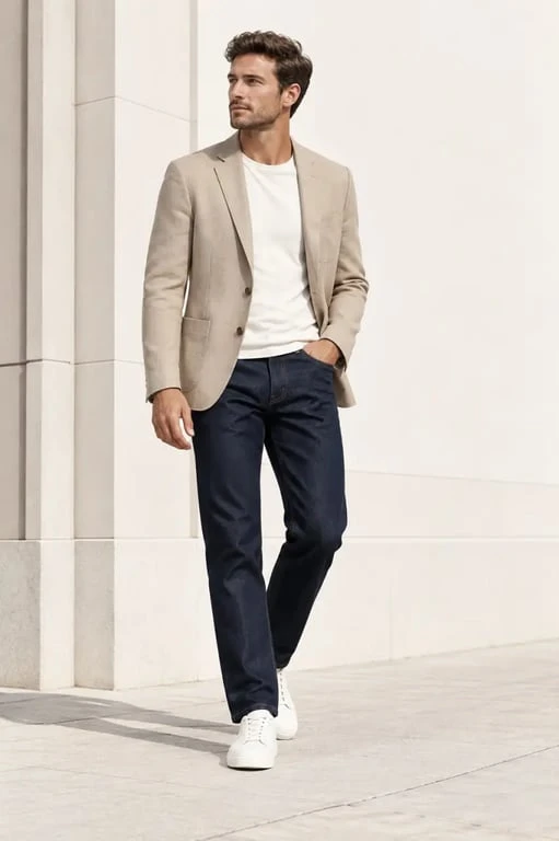 Silhouette casual chic fashion avec jean brut, blazer et sneakers