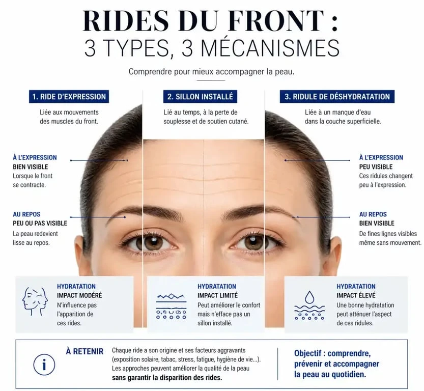 Ride du front : comparaison entre ride d’expression, sillon installé et ridule de déshydratation