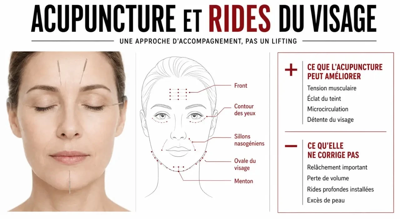 Acupuncture pour les rides du visage : schéma éditorial des zones travaillées, des bénéfices possibles et des limites