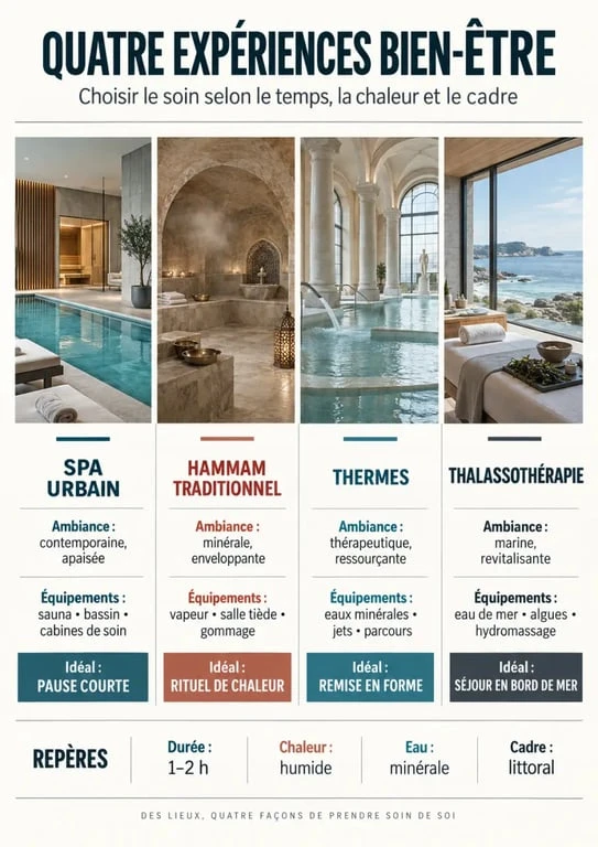 Infographie comparative des formats de bien etre spa : spa, hammam, thermes et thalassothérapie