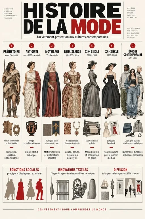 Infographie sur l’histoire de la mode à travers les grandes périodes et les silhouettes emblématiques