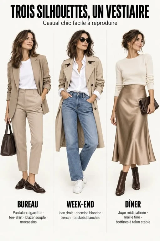 Trois idées de tenues en style casual chic femme pour le bureau, le week-end et le dîner