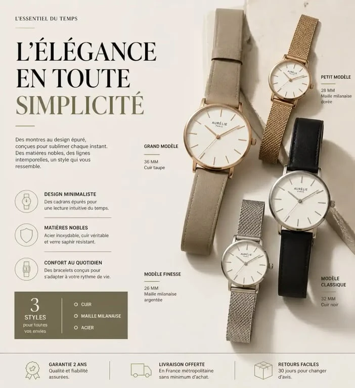 Sélection de montres femme tendance minimalistes avec bracelets en cuir et maille milanaise