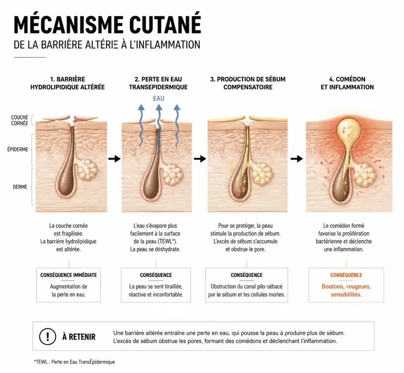 Schéma du mécanisme peau sèche et boutons : barrière hydrolipidique altérée et sébum compensatoire obstruant les pores