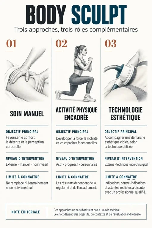 Infographie comparative des différentes approches du body sculpt et de leurs limites