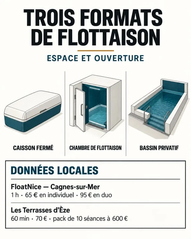 Infographie sur le caisson d'isolation sensorielle à Nice, les formats de flottaison et les tarifs à Cagnes-sur-Mer et Èze