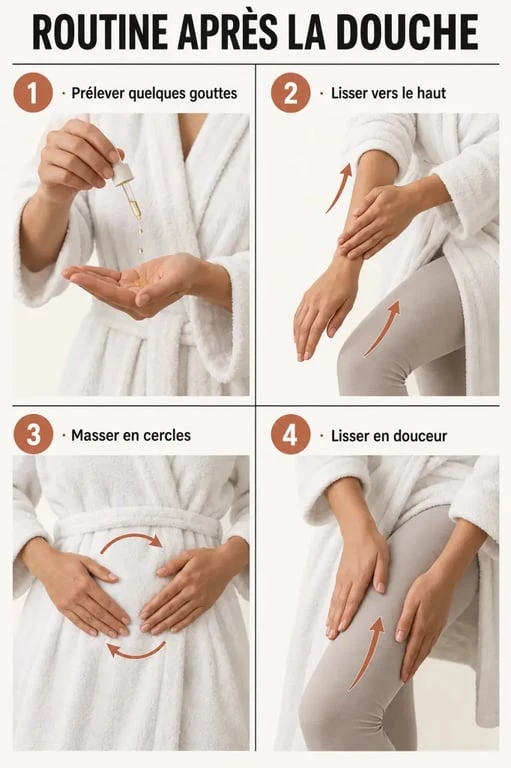 Illustration des étapes d'application d'une huile pour le corps raffermissante par massage