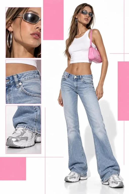 Look année 2000 femme avec jean taille basse, crop top et sac baguette