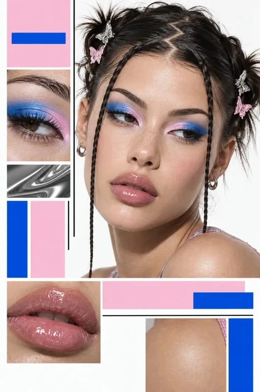 Coiffure et maquillage d’un look année 2000 femme avec gloss et barrettes papillons
