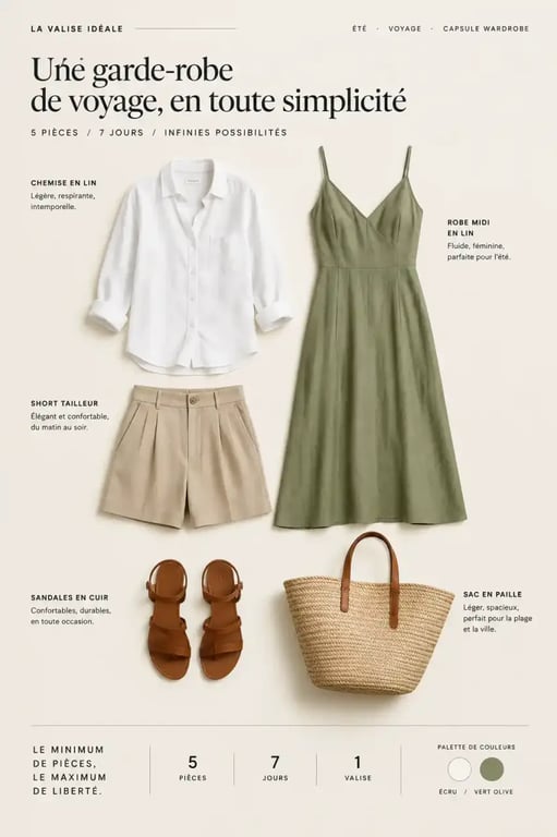 Garde-robe capsule chic décontracté pour les vacances avec chemise en lin, short beige et sac en paille