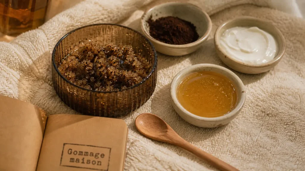 Photo gommage corps maison sucre miel et marc de café sur serviette éponge crème