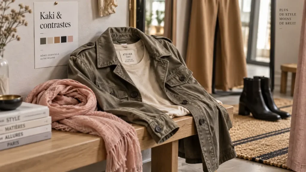 Quelle couleur va bien avec le kaki vêtement : veste kaki avec blanc et camel, style denim