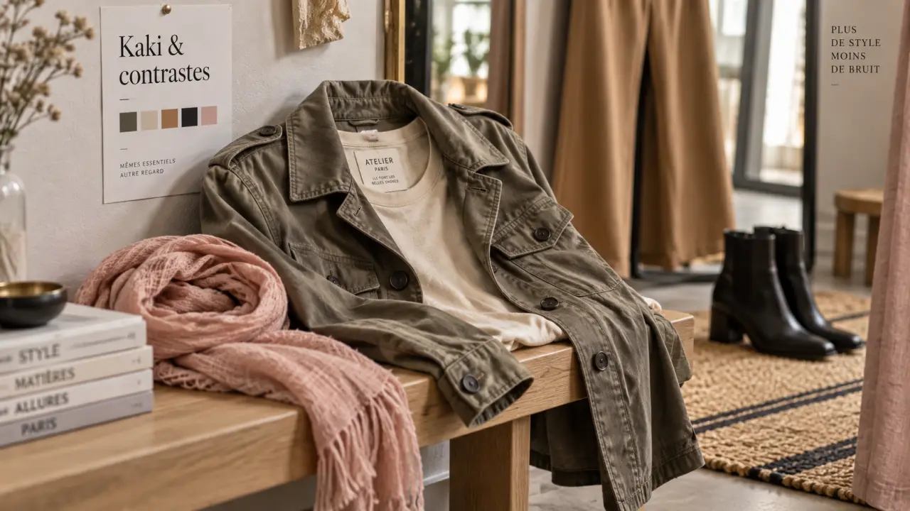 Quelle couleur va bien avec le kaki vêtement : veste kaki avec blanc et camel, style denim