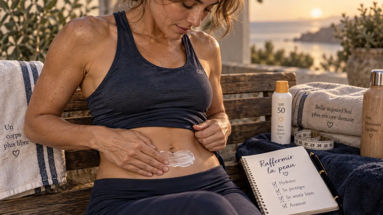 Raffermir la peau après une perte de poids : femme applique de la crème sur le ventre