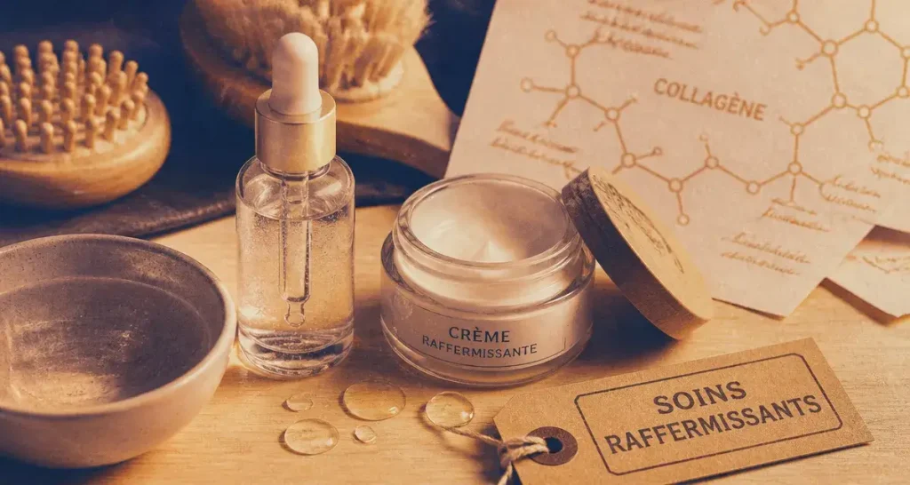 Soin raffermissant visage : sérum et crème sur tablette en bois