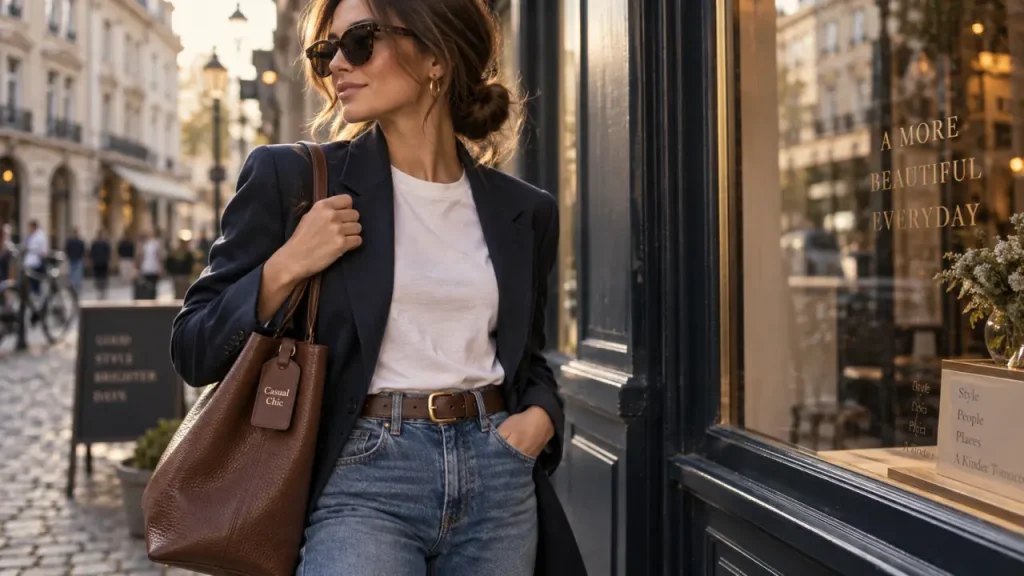 Style casual chic femme : jean, blazer marine et mocassins, ville