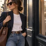 Style casual chic femme : jean, blazer marine et mocassins, ville