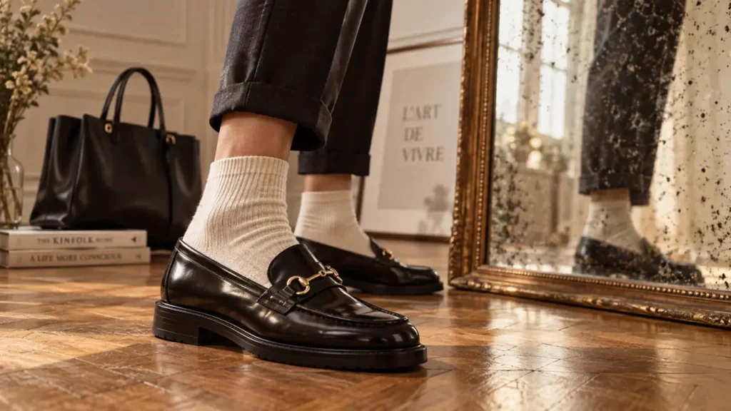 Mocassin femme tendance : gros plan mocassin penny noir et pantalon 7/8