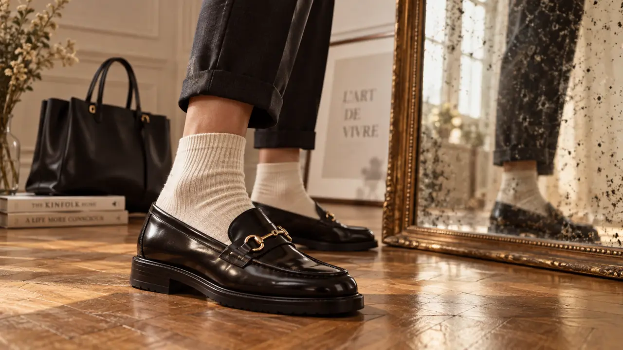 Mocassin femme tendance : gros plan mocassin penny noir et pantalon 7/8